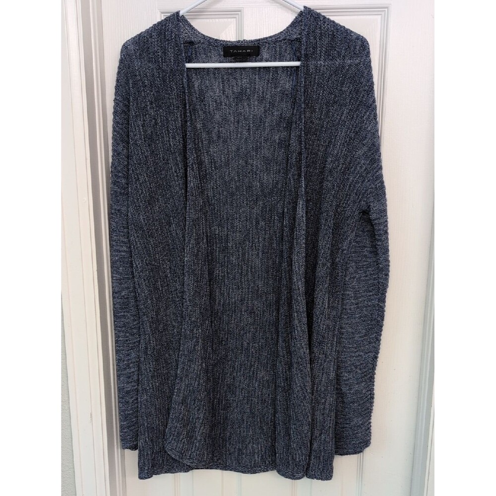 Tahari Navy Heather Open-Front Linen Cotton Blend Cardigan